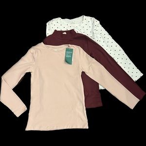 H&M Girls Long-sleeve Tees 8-10Y - Pink Burgundy White with Stars - Set of 3